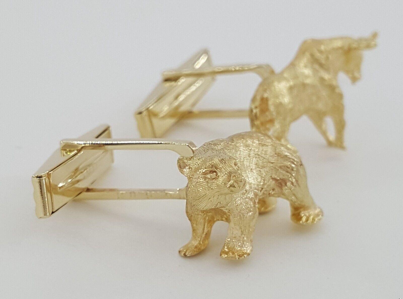 Wall Street Stock Market Bull & Bear Cufflinks Solid 14k Yellow Gold 16.9 Grams