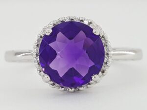 Round Checkerboard Amethyst & Diamond Halo Statement Ring 14k White Gold