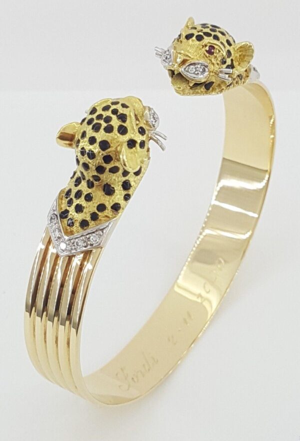 Ramon Barcelona 18K Yellow Gold Leopard Diamond & Ruby Bangle 30.6 Grams