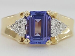 Emerald Cut Tanzanite & Round Diamond Yellow Gold Ring 1.2 ct 14k