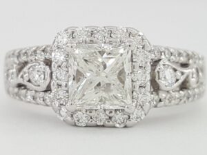 Princess Cut Halo Diamond Engagement Ring in 14K White Gold 1.58 ct Retail 5K