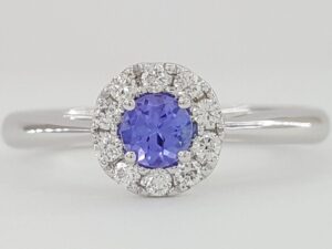 Round Tanzanite & Diamond Halo Engagement Anniversary Ring 0.36ct 18k White Gold