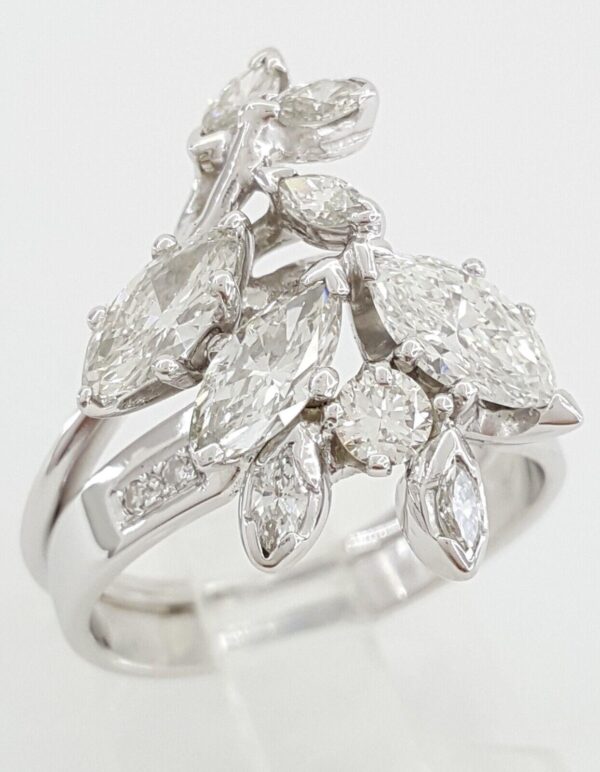 Vintage Marquise & Round Diamond Cocktail Statement Ring 1.8 ct 14k White Gold