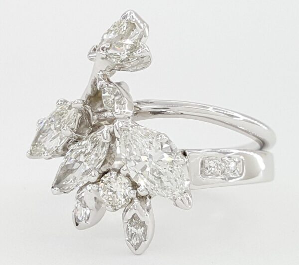 Vintage Marquise & Round Diamond Cocktail Statement Ring 1.8 ct 14k White Gold