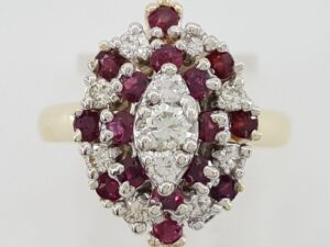 Vintage Round Cut Diamond & Red Ruby Statement Ring 1 ct 14k and 10k Gold