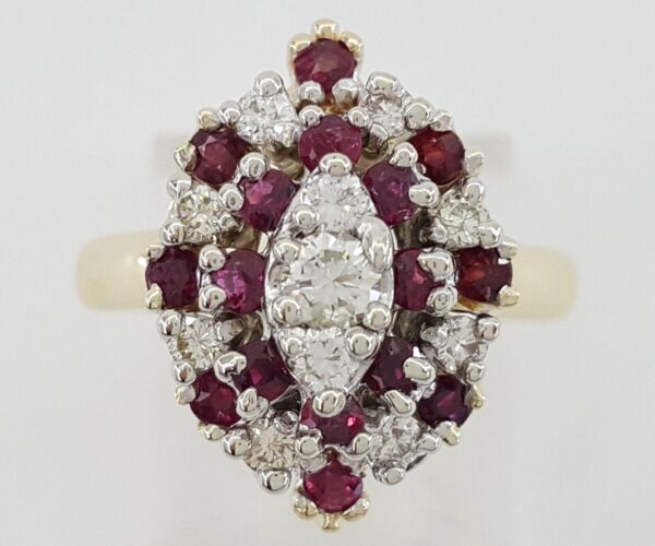 Vintage Round Cut Diamond & Red Ruby Statement Ring 1 ct 14k and 10k Gold