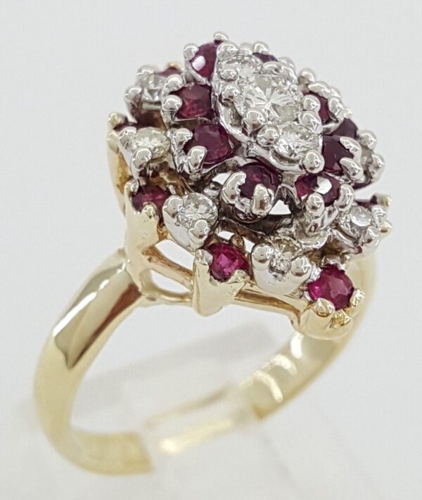 Vintage Round Cut Diamond & Red Ruby Statement Ring 1 ct 14k and 10k Gold