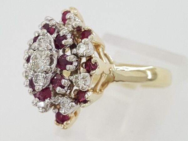 Vintage Round Cut Diamond & Red Ruby Statement Ring 1 ct 14k and 10k Gold