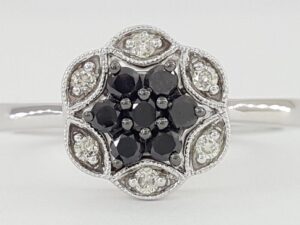 Natural Black & White Diamondm Flower Halo Ring 14Kt White Gold 0.32 ctw