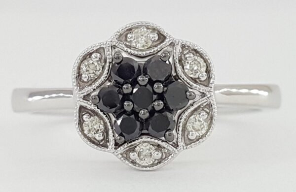 Natural Black & White Diamondm Flower Halo Ring 14Kt White Gold 0.32 ctw