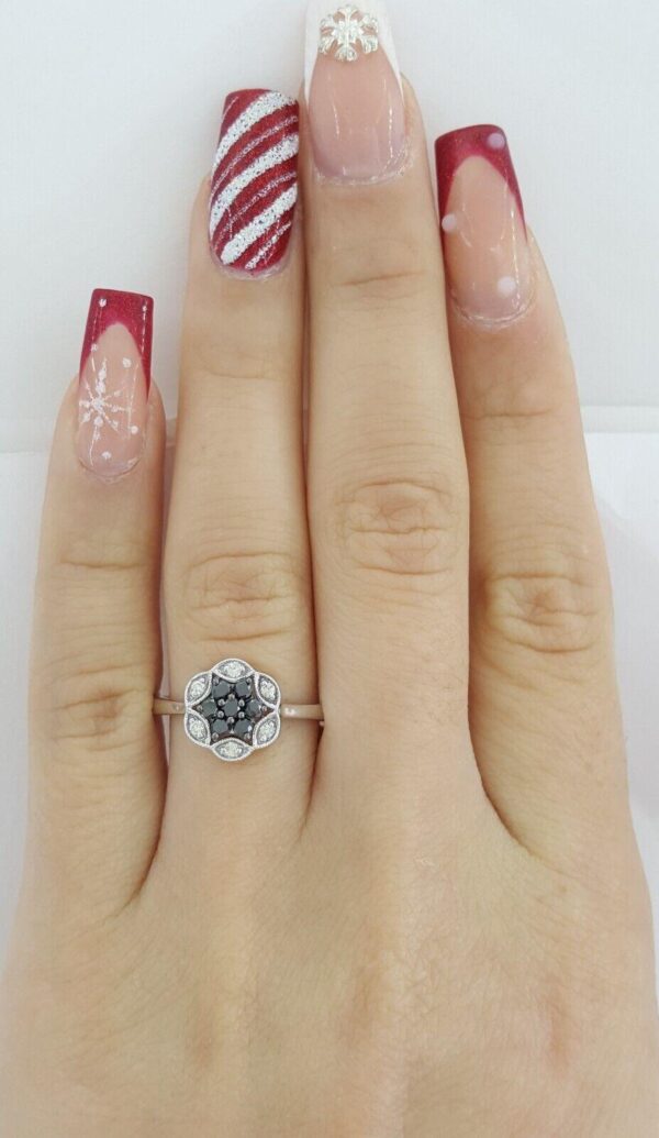 Natural Black & White Diamondm Flower Halo Ring 14Kt White Gold 0.32 ctw