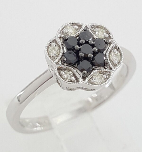 Natural Black & White Diamondm Flower Halo Ring 14Kt White Gold 0.32 ctw