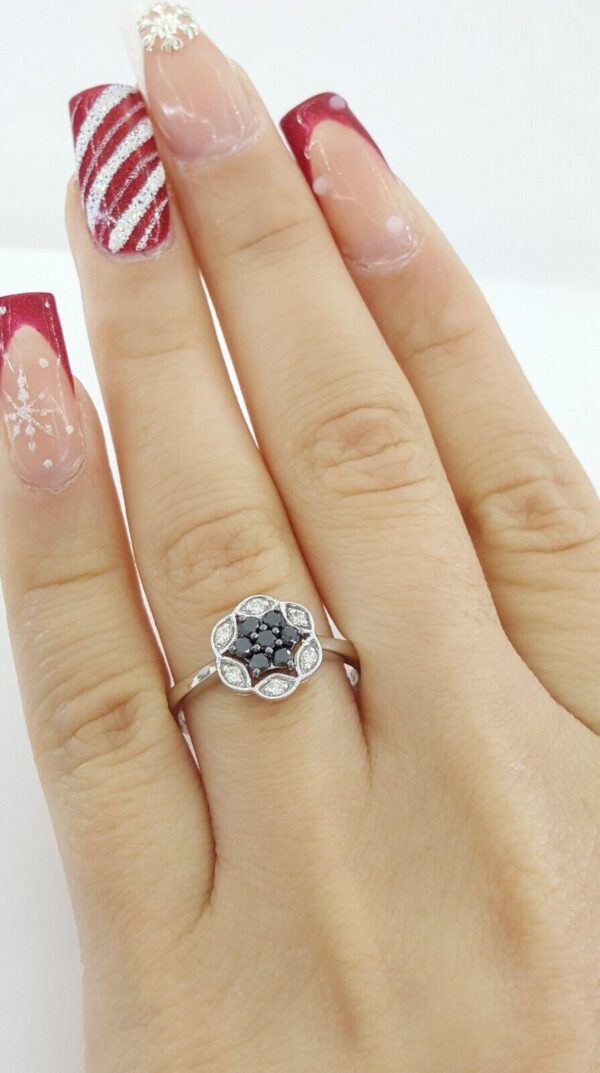 Natural Black & White Diamondm Flower Halo Ring 14Kt White Gold 0.32 ctw