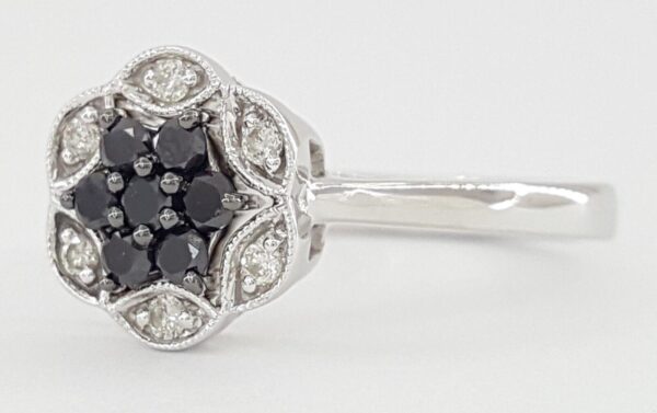 Natural Black & White Diamondm Flower Halo Ring 14Kt White Gold 0.32 ctw