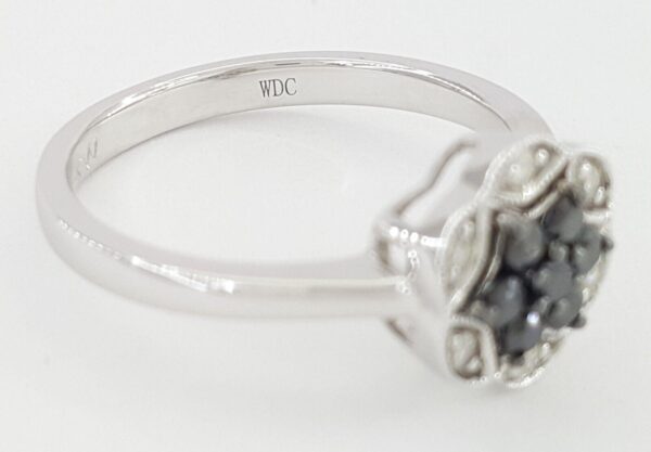 Natural Black & White Diamondm Flower Halo Ring 14Kt White Gold 0.32 ctw