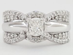 Princess Cut Diamond Engagement Ring 2 Wedding Band Set 0.92 ct 14K White Gold