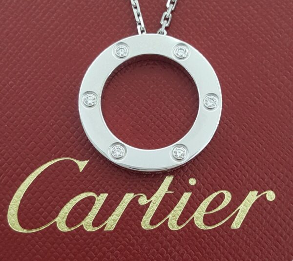 Cartier Love 6 Diamonds 18K White Gold Necklace 0.18 ct 23.6 mm 14 Grams 16"
