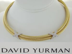 David Yurman 18K Gold Double Cable Chocker "X" Diamond Necklace 1.25 ct 73 Grams