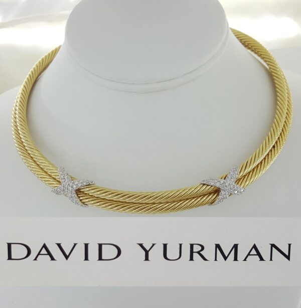 David Yurman 18K Gold Double Cable Chocker "X" Diamond Necklace 1.25 ct 73 Grams