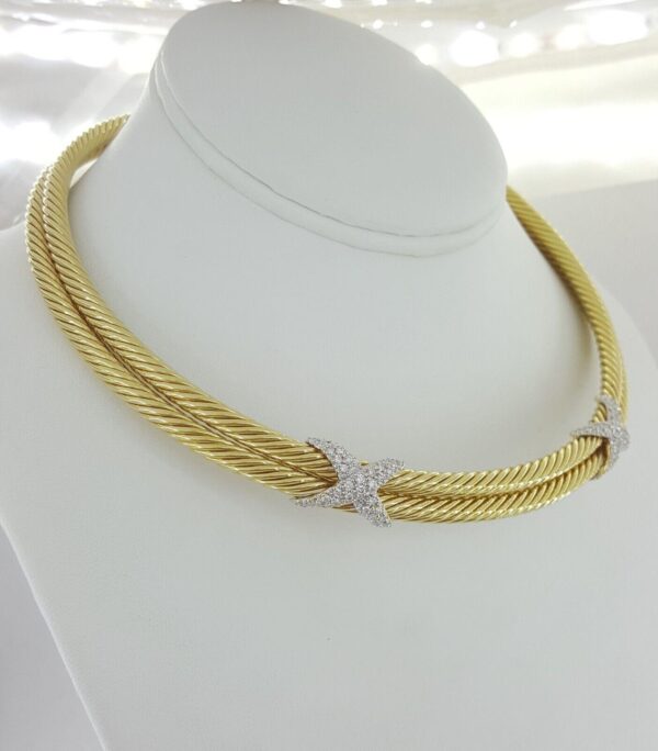 David Yurman 18K Gold Double Cable Chocker "X" Diamond Necklace 1.25 ct 73 Grams