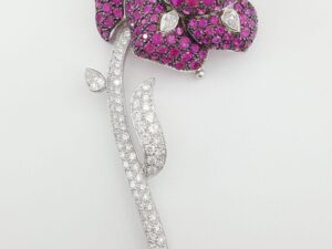 Rose Brooch 18K White Gold 14.26 ct Round Pear Cut Diamonds & Pink Sapphires