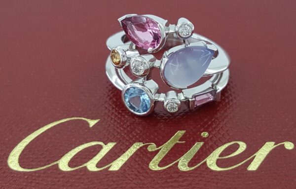 Vintage Cartier Meli Melo Diamond & Multicolor Gemtones Platinum Ring Sz 52 US 6