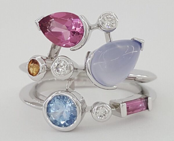 Vintage Cartier Meli Melo Diamond & Multicolor Gemtones Platinum Ring Sz 52 US 6
