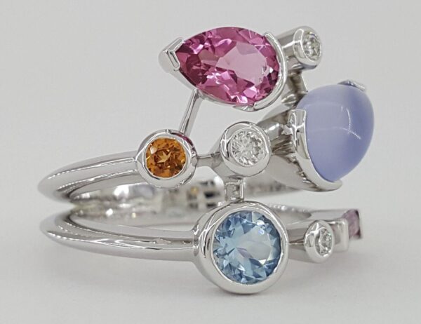 Vintage Cartier Meli Melo Diamond & Multicolor Gemtones Platinum Ring Sz 52 US 6