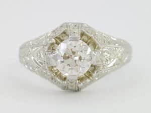 Antique Art Deco Old European Cut Diamond Platinum Engagement Ring 0.87 ct 18k