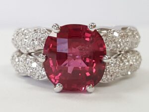 Cushion Cut Red Spinel 4.5 ct & 0.5 ct Pave Diamond Platinum Ring