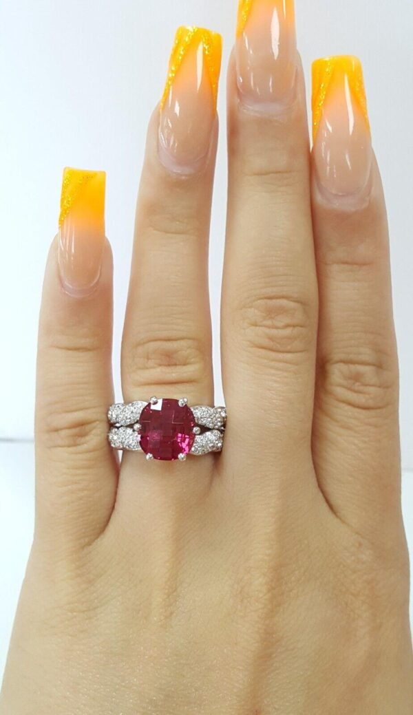 Cushion Cut Red Spinel 4.5 ct & 0.5 ct Pave Diamond Platinum Ring