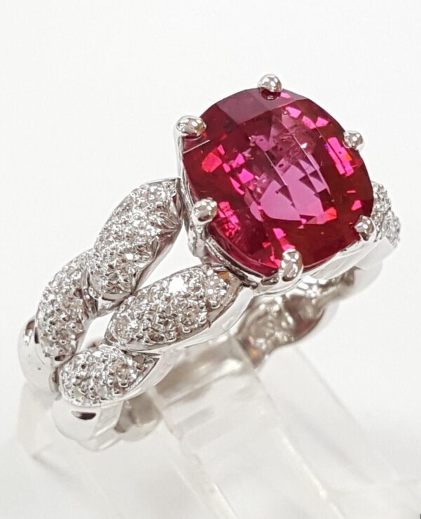 Cushion Cut Red Spinel 4.5 ct & 0.5 ct Pave Diamond Platinum Ring