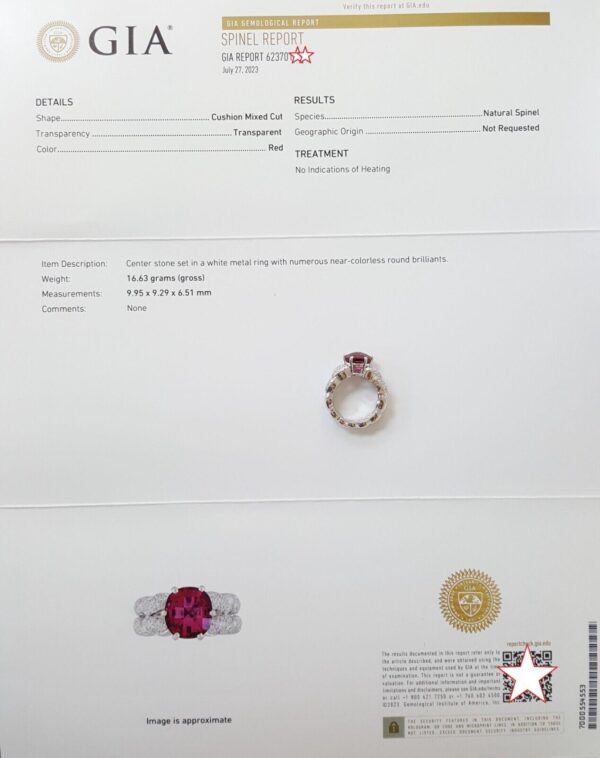 Cushion Cut Red Spinel 4.5 ct & 0.5 ct Pave Diamond Platinum Ring