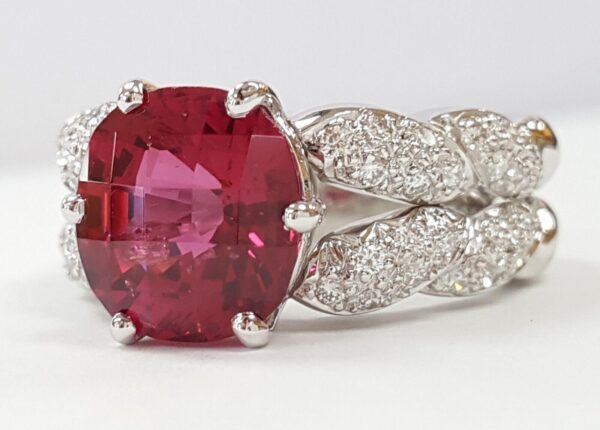 Cushion Cut Red Spinel 4.5 ct & 0.5 ct Pave Diamond Platinum Ring