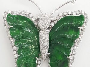 Vintage Butterfly Hand Carved Jade & Diamond 18k White Gold Brooch 2 ct