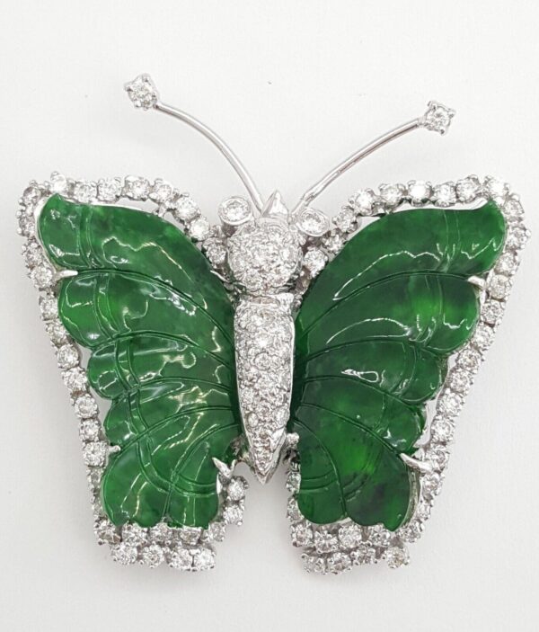 Vintage Butterfly Hand Carved Jade & Diamond 18k White Gold Brooch 2 ct