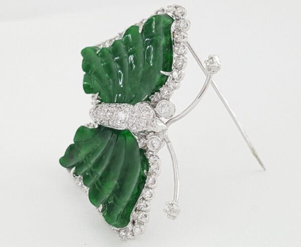 Vintage Butterfly Hand Carved Jade & Diamond 18k White Gold Brooch 2 ct