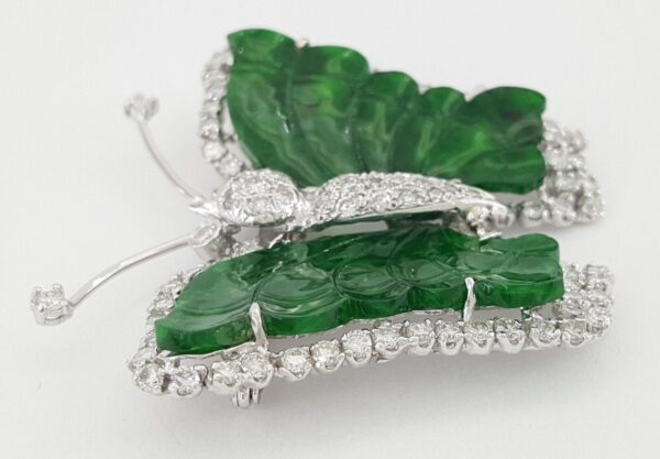 Vintage Butterfly Hand Carved Jade & Diamond 18k White Gold Brooch 2 ct