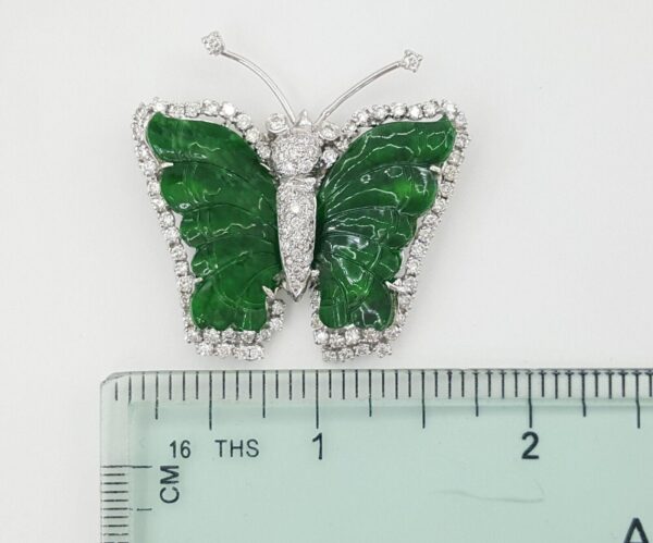 Vintage Butterfly Hand Carved Jade & Diamond 18k White Gold Brooch 2 ct