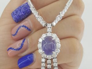 Platinum Oval Cabochon Star Sapphire & Diamonds Necklace 11.37 ctw