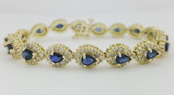 14K Yellow Gold 8.74 ct Blue Sapphire & Round Diamond Bracelet 16.8 Grams 7”