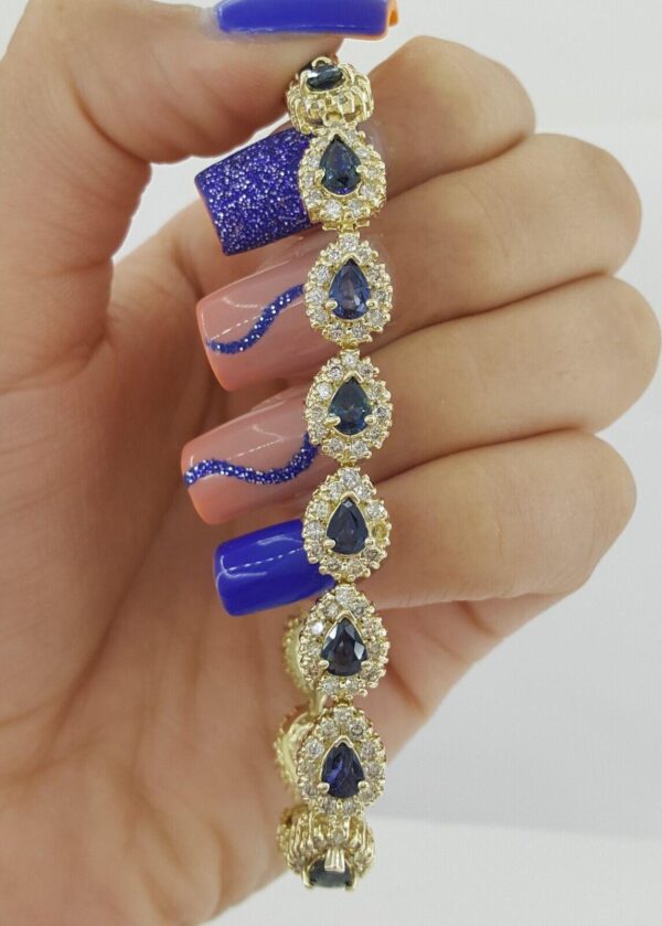 14K Yellow Gold 8.74 ct Blue Sapphire & Round Diamond Bracelet 16.8 Grams 7”