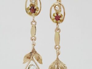 Art Deco Pear Shape Rose Cut Diamond & Ruby 1.8 ct 14k Yellow Gold Earrings