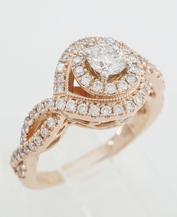 Crossover Double Halo 0.8 ct Round Diamond 14k Rose Gold Engagement Ring