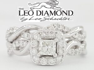 The Leo Princess Diamonds Halo Crossover Engagement Ring Set 1 ct 14k W Gold