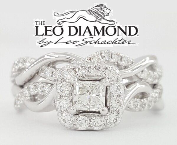 The Leo Princess Diamonds Halo Crossover Engagement Ring Set 1 ct 14k W Gold