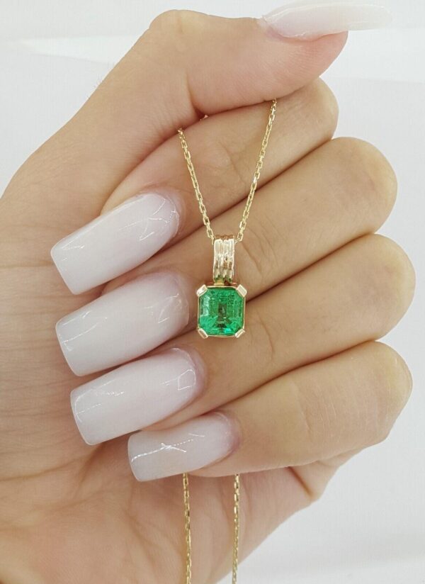 Columbian Green Emerald Cut Emerald Necklace 1.44 ct 14k Gold 18" GIA Minor Oil