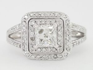 Princess Diamond Double Halo Split Shank Engagement Ring 0.93 ct 14k White Gold