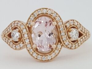 Oval Halo Pink Morganite Diamond Three 3-Stone Ring 1 ct 14K Rose Gold