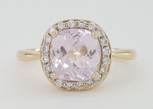 Cushion Cut Kunzite & Round Diamond 14K Rose Gold Halo Ring 1.7 ctw